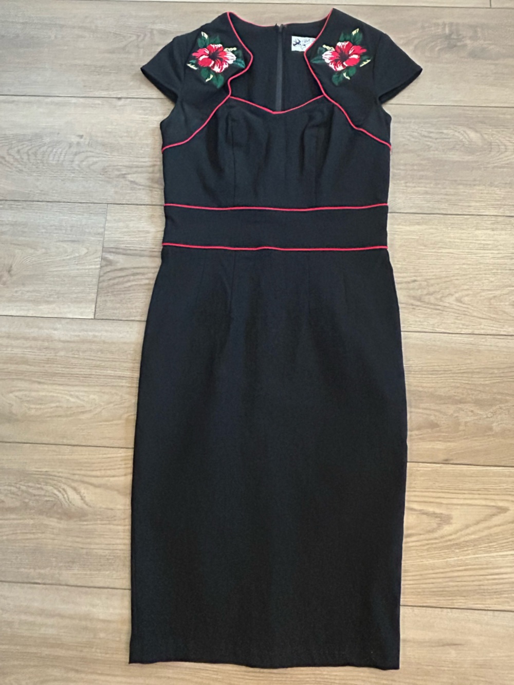 Black Midi Dress with Red Floral Embroidery